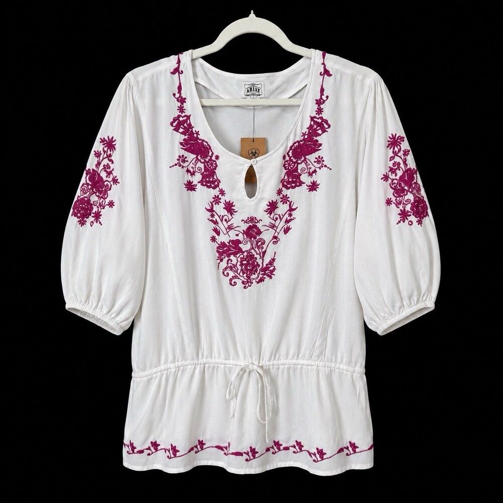 Ariat Embroidered Tunic Top Size L White Pink Boho Western Peasant Blouse
